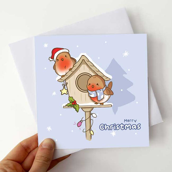 Christmas card featuring a robin bird box design.
