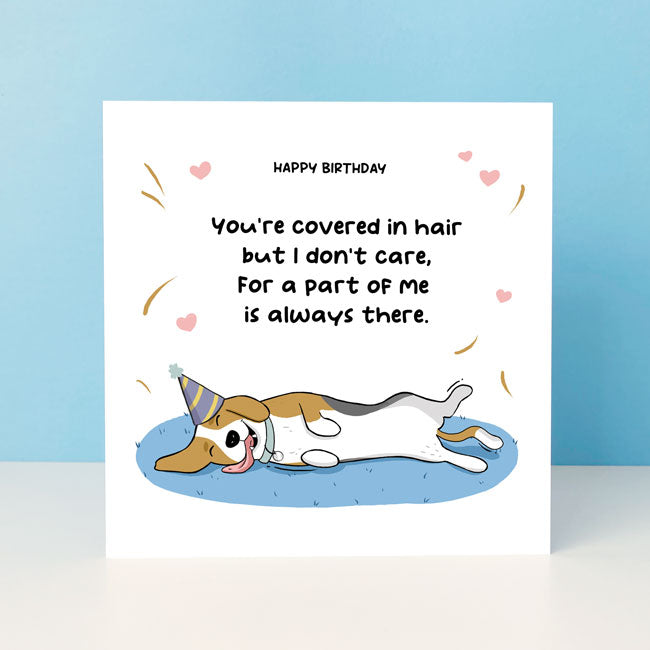 Birthday card featuring a Beagle and a poem about its shaggy fur.