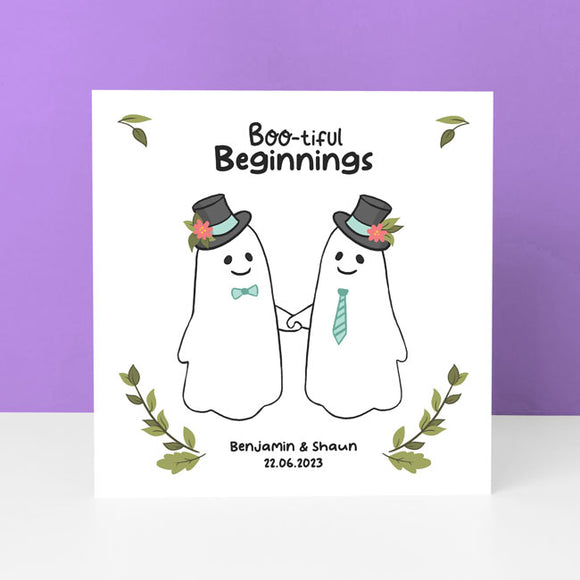 Gay couple-themed wedding card with celebratory design.