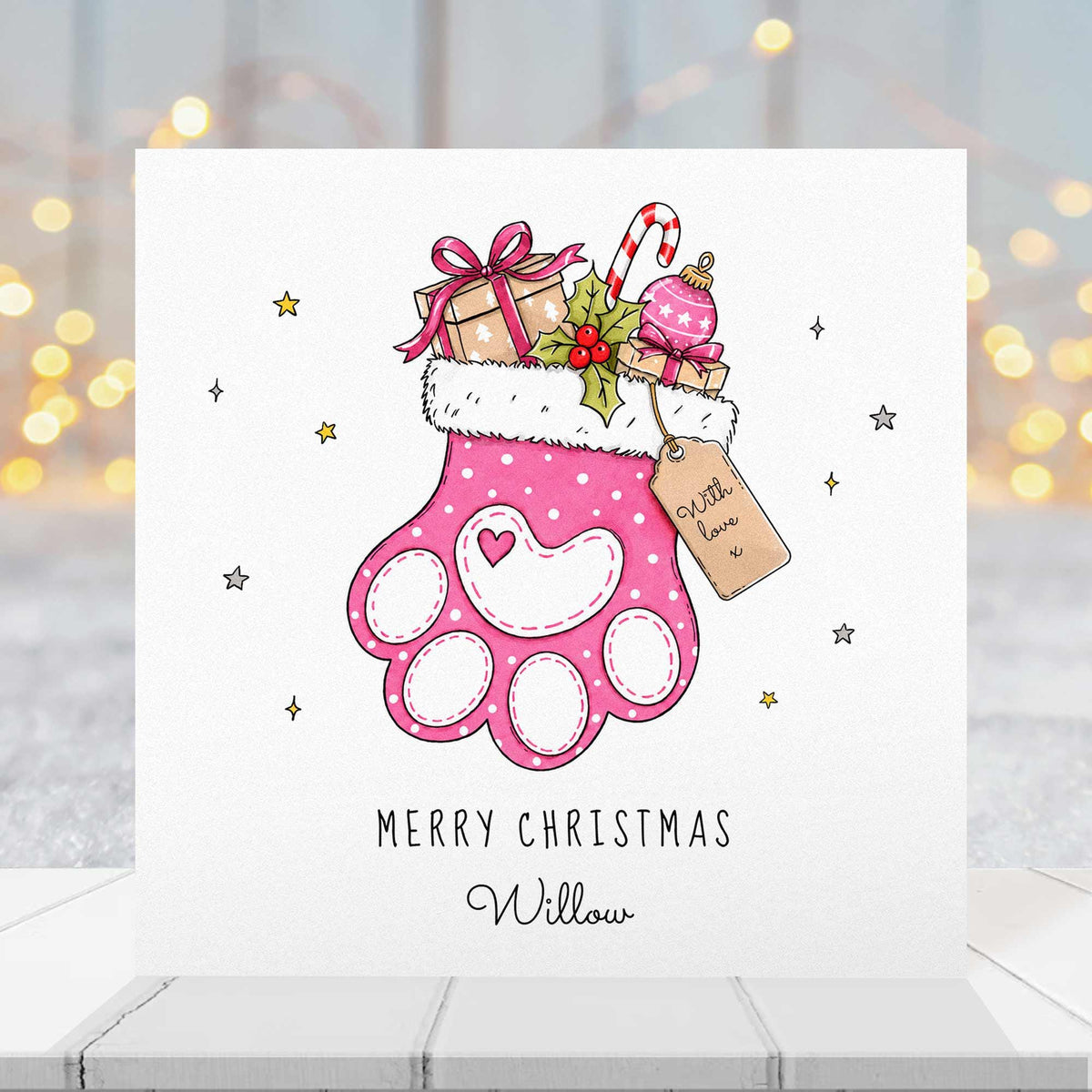 Personalised Pet Christmas Card for Dog or Cat, Paw Print Stocking Xmas Card