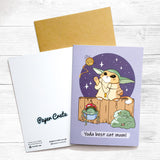 Greeting card with Yoda and text "Yoda Best Cat Mum" illustrated.