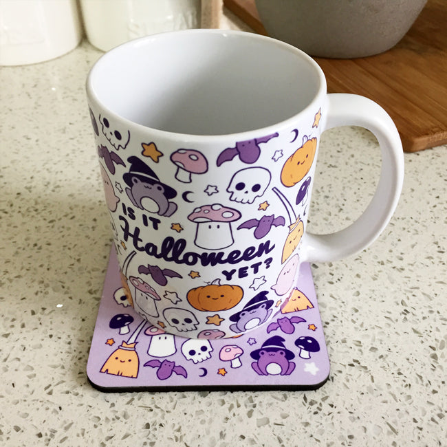 Halloween-themed mug with text "Is It Halloween Yet?" in spooky font.
