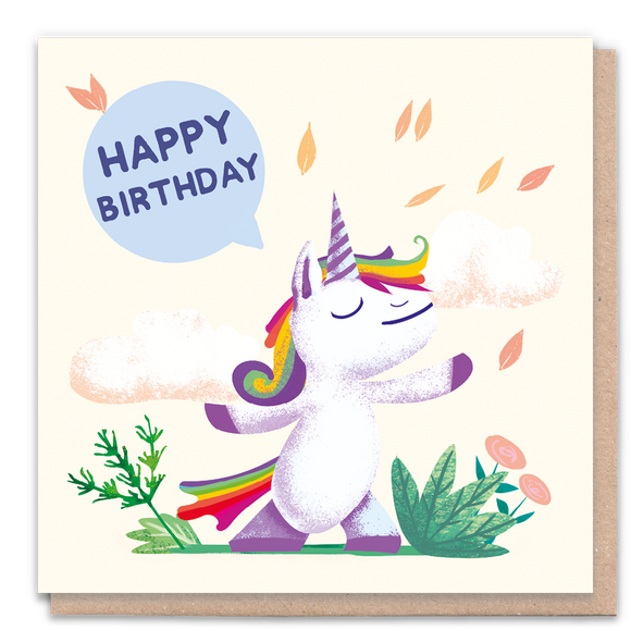 Colorful birthday card featuring a whimsical unicorn illustration.