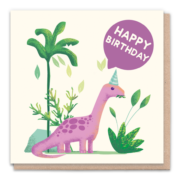 Illustrated birthday card with a cheerful dinosaur theme.