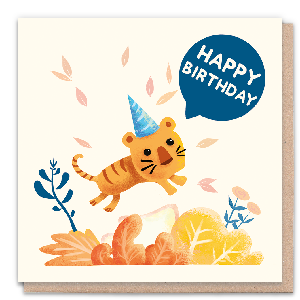 Illustrated birthday card featuring a tiger with party hat.