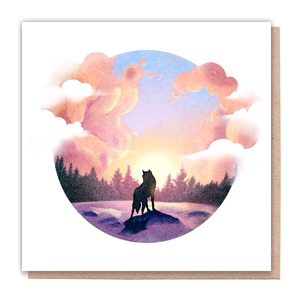 Watercolor greeting card featuring a wolf with a sunset backdrop.