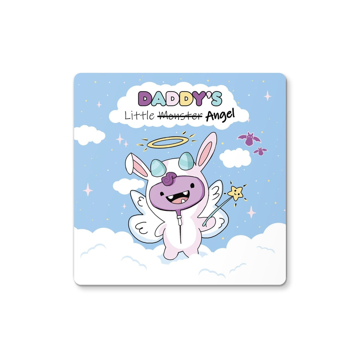 Coaster with "Daddy's Little Monster" text for mug placement.