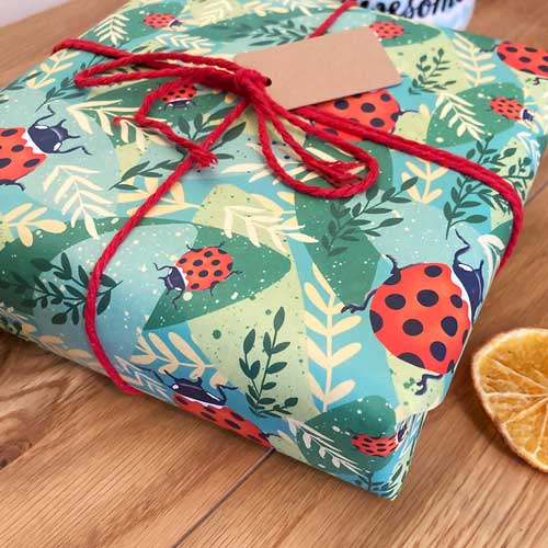 Eco-friendly wrapping paper with ladybird pattern design.