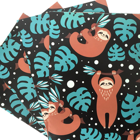 Wrapping paper with sloths and leaves pattern.