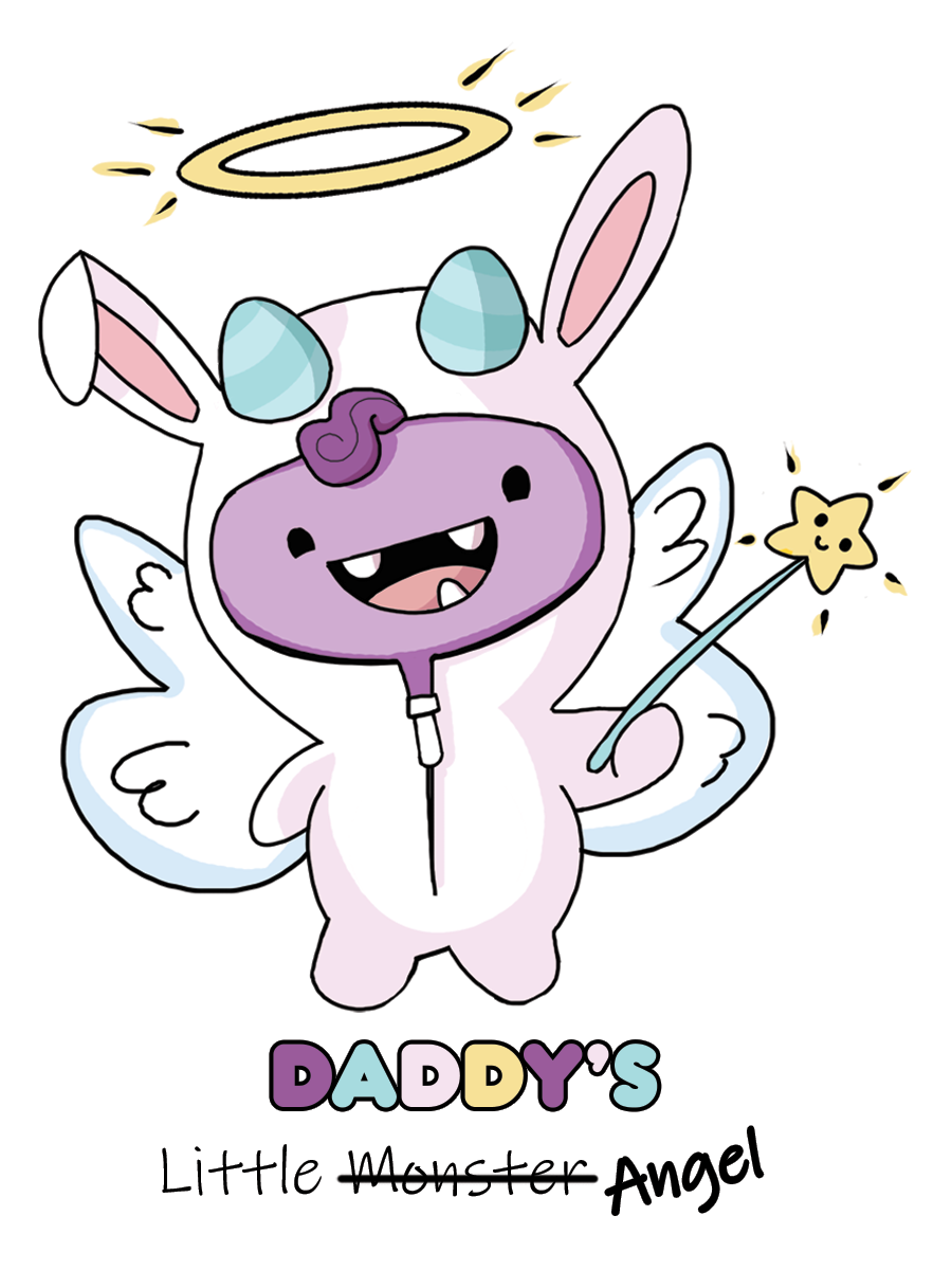 Sticker with text "Daddy's Little Monster" in playful font.