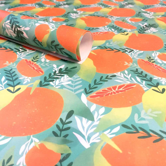 Eco-friendly wrapping paper with Tropicana orange print design.