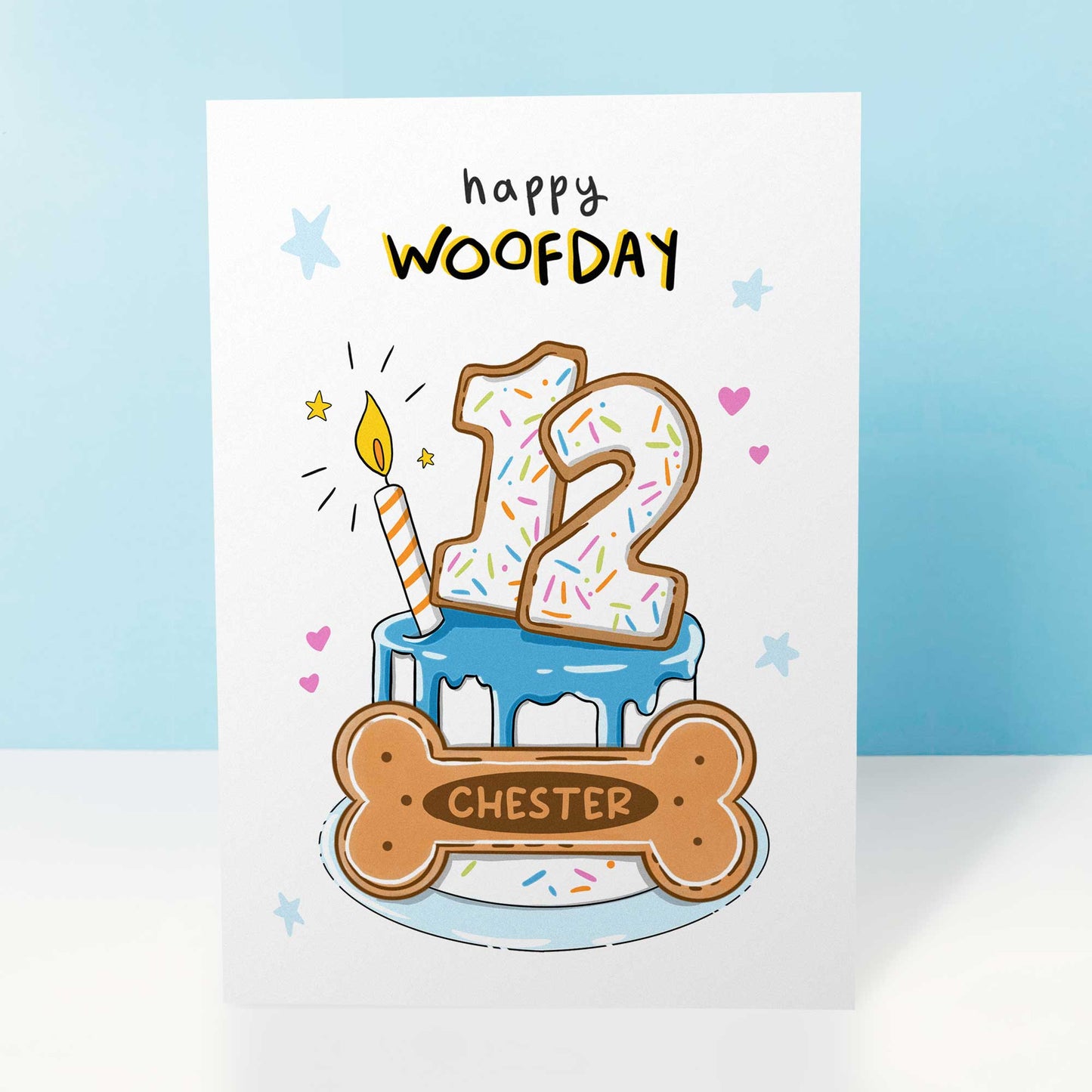 Personalised Dog Birthday Card, Pink Woofday Biscuit Cake