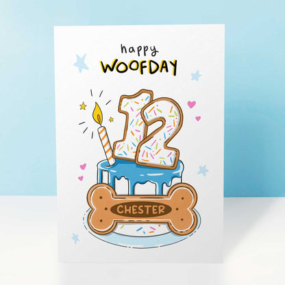Personalised Dog Birthday Card, Pink Woofday Biscuit Cake