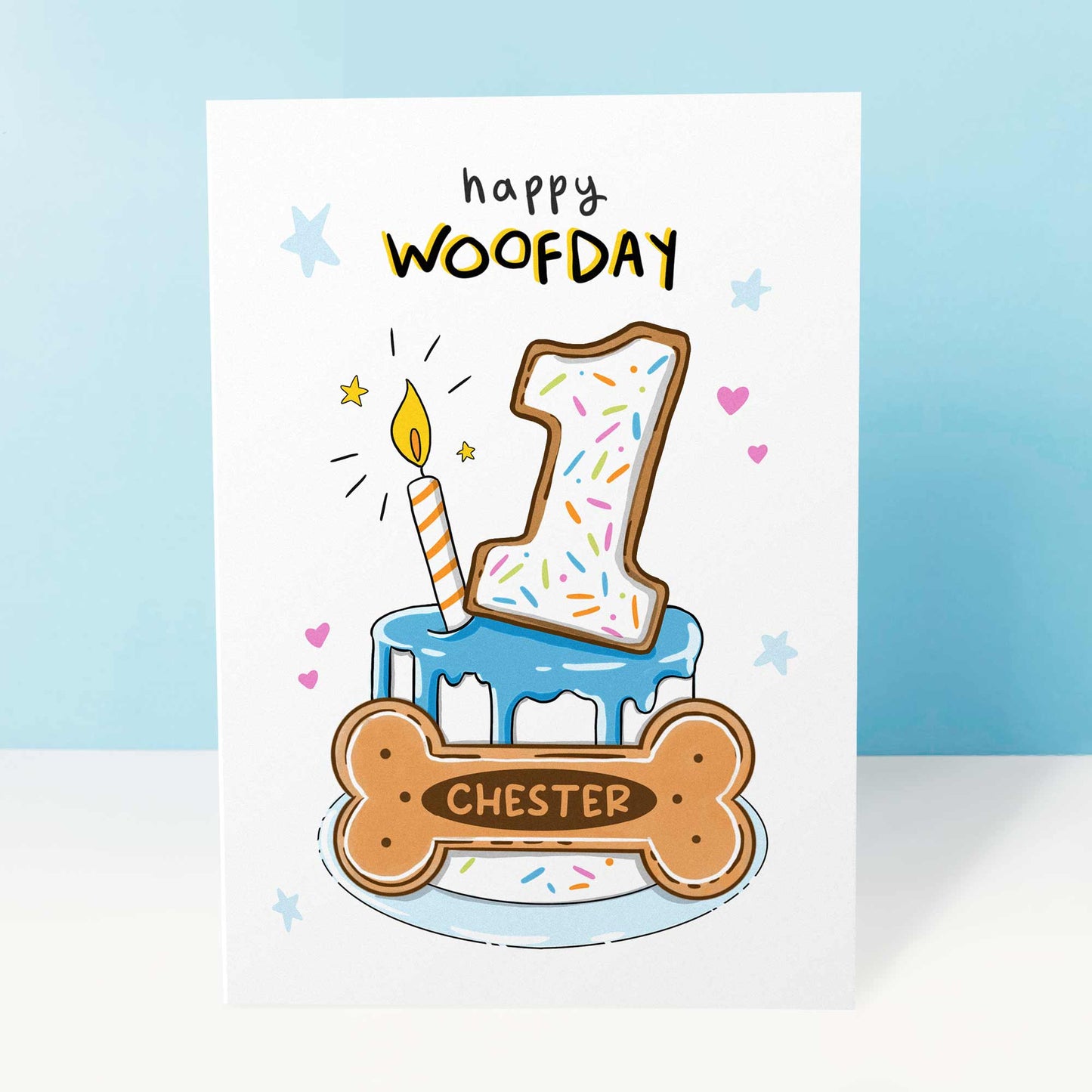 Personalised Dog Birthday Card, Pink Woofday Biscuit Cake