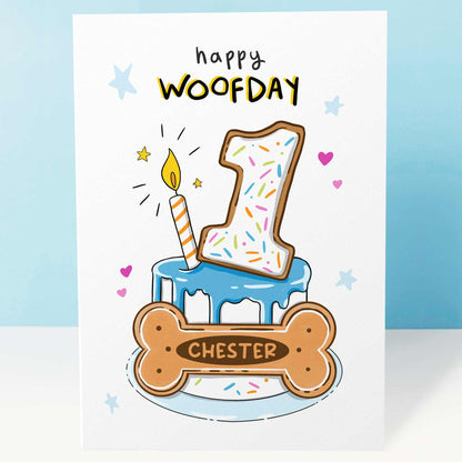 Personalised Dog Birthday Card, Blue Woofday Biscuit Cake
