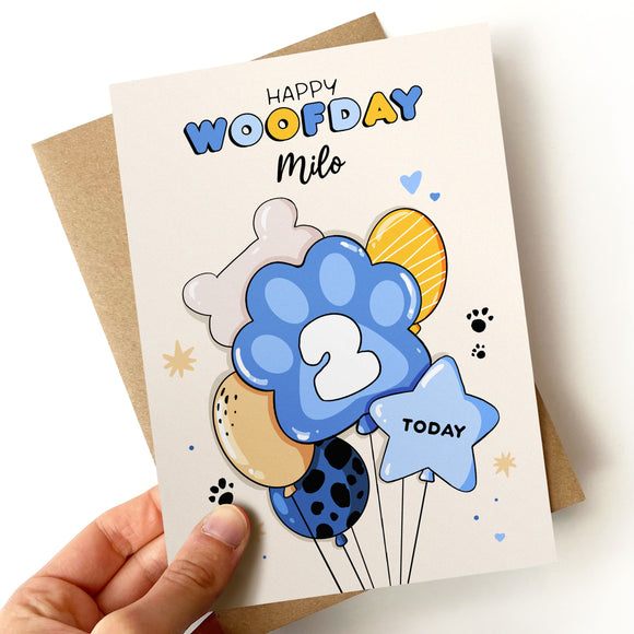 Personalised Dog Birthday Card – Blue Balloon Design with Pawprint Age & Name