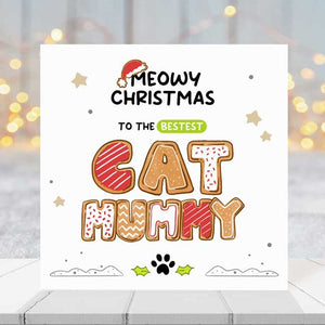 Christmas card with "Best Cat Mum" title and festive design.