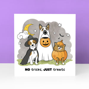Halloween card featuring a dog and treats, no tricks involved.