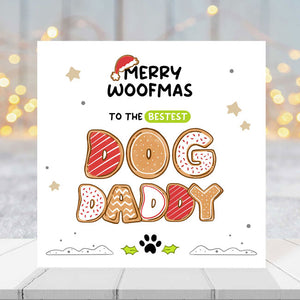 Christmas card with "Best Dog Dad" title and festive design.