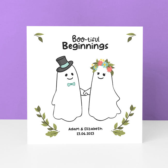 Personalised wedding card with elegant "Bootiful Beginnings" design.