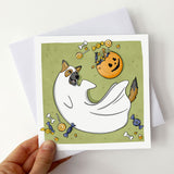 Pack of greeting cards featuring dogs in Halloween costumes.