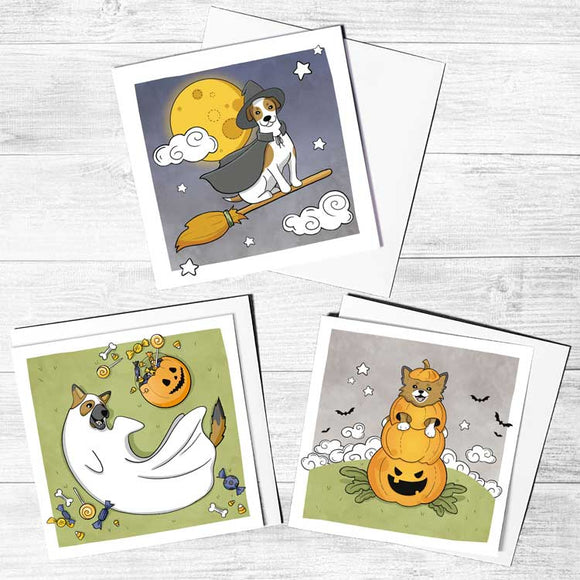 Pack of Halloween-themed greeting cards featuring dogs.