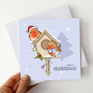 Christmas card featuring a robin bird box design.