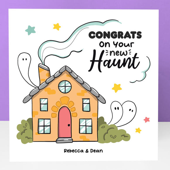Greeting card celebrating a new home with a ghostly theme.