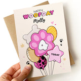 Personalised Dog Birthday Card – Pink Balloon Design with Pawprint Age & Name