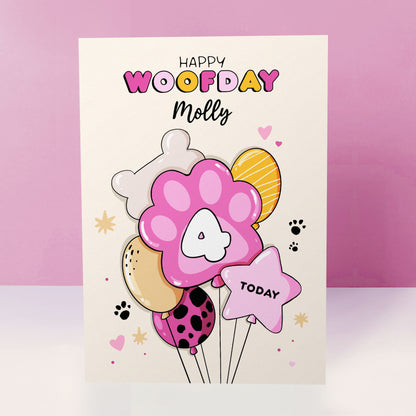Personalised Dog Birthday Card – Blue Balloon Design with Pawprint Age & Name
