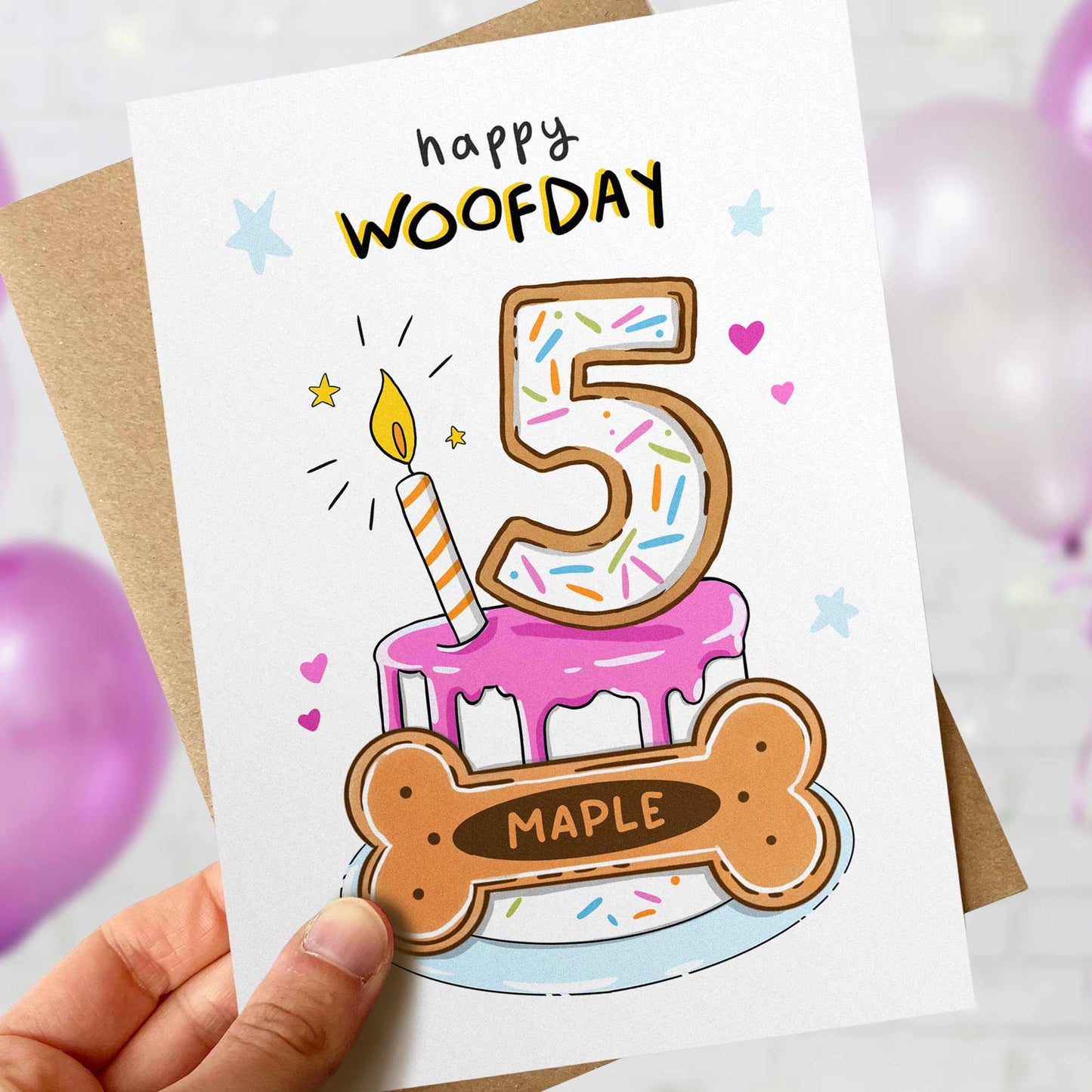 Personalised Dog Birthday Card, Pink Woofday Biscuit Cake