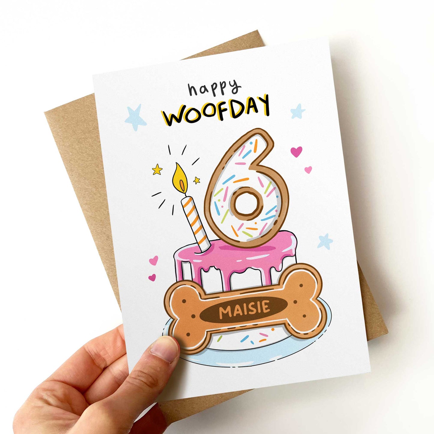 Personalised Dog Birthday Card, Pink Woofday Biscuit Cake