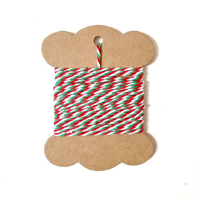 Colorful Christmas bakers twine in red, white, and green.