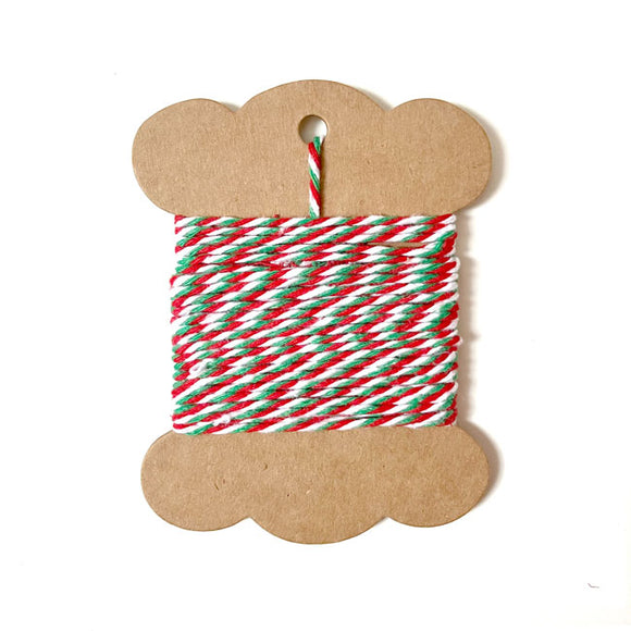 Colorful Christmas bakers twine in red, white, and green.