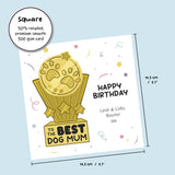 Greeting card shaped like a trophy with "Best Dog Mum" inscription.