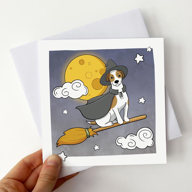 Pack of greeting cards featuring dogs in Halloween costumes.
