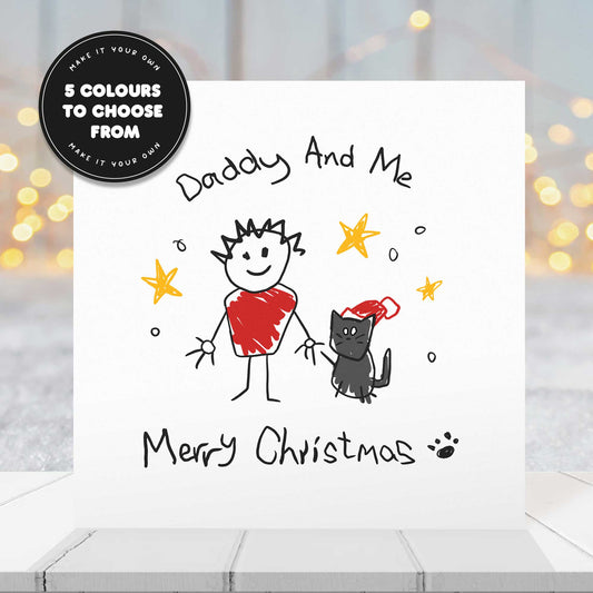 Christmas card with a child like drawing of a dad holding hands with a black cat, against a blurred winter background.