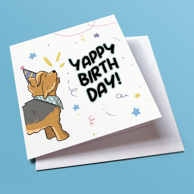 Yorkshire Terrier on card with "Yappy Birthday From the Dog" text.