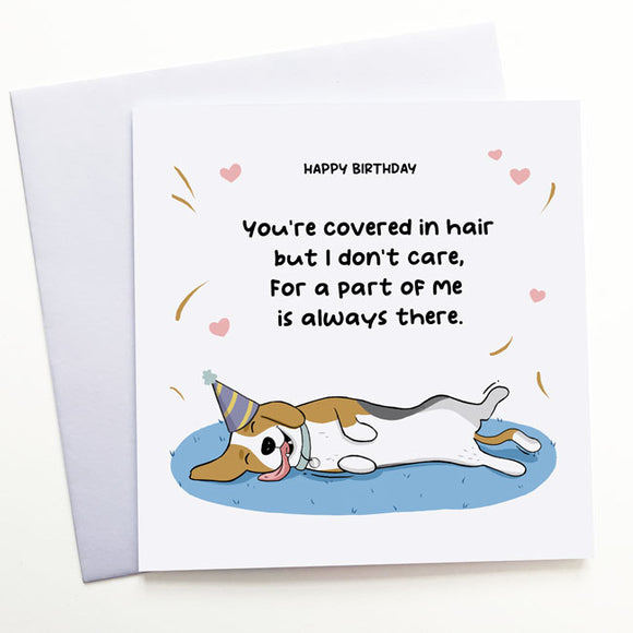 Beagle-themed birthday card featuring a poem about a shaggy dog.
