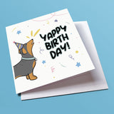 Illustrated sausage dog birthday card with "Yappy Birthday" pun from pet.