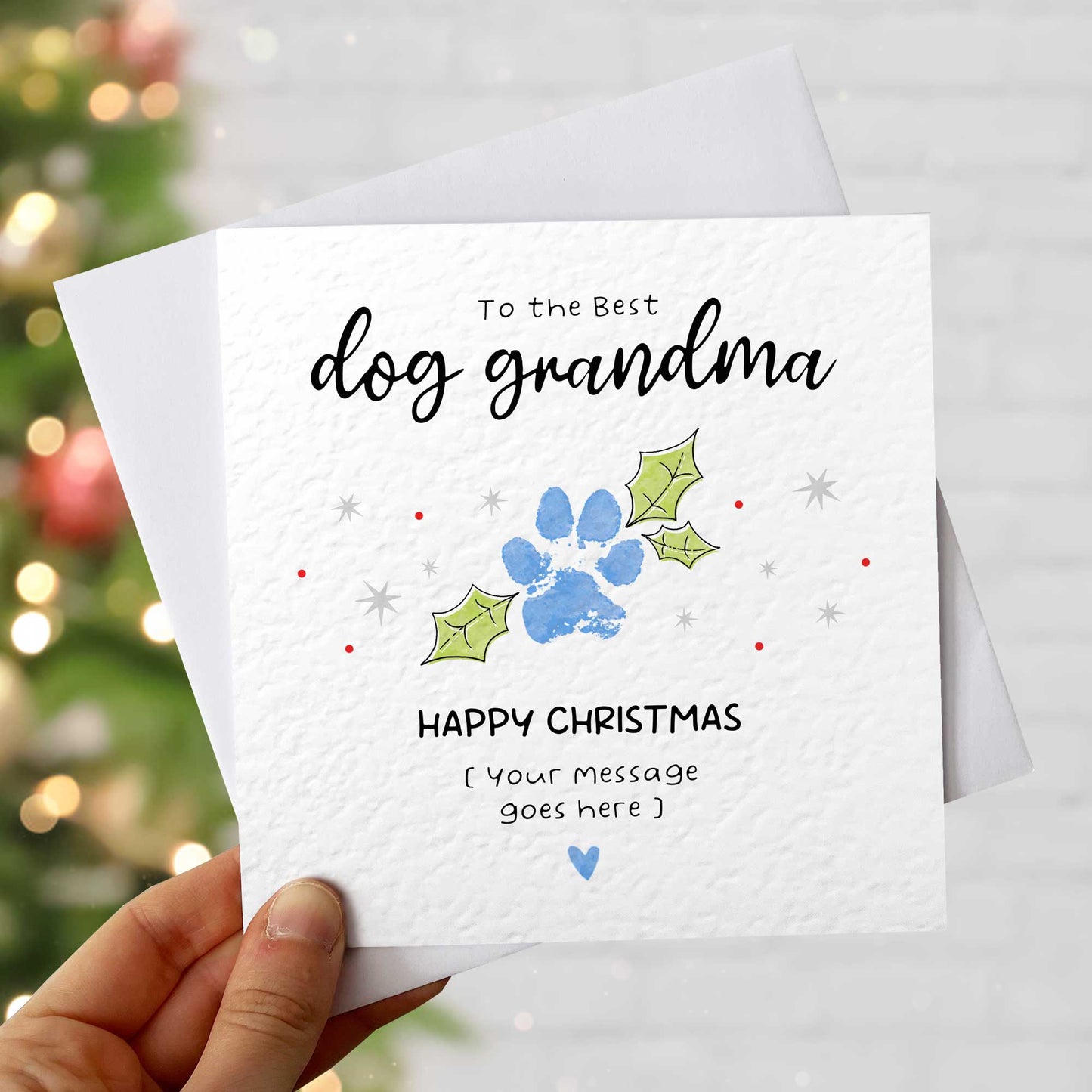 Dog Mum Christmas Card from the Dog – Personalised Paw Print Holly Design