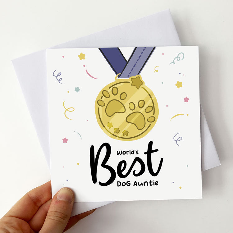 Card featuring a medal design celebrating the World's Best Dog Auntie.