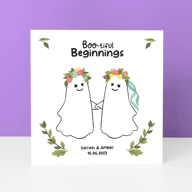 Lesbian wedding card with heart and "Bootiful Beginnings" text.