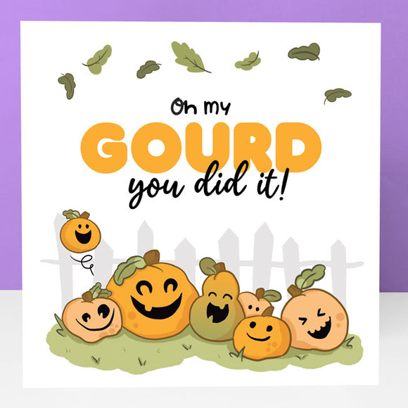Congratulations card with playful gourd pun design.