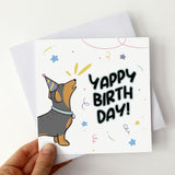 Illustrated sausage dog birthday card with "Yappy Birthday" pun from pet.