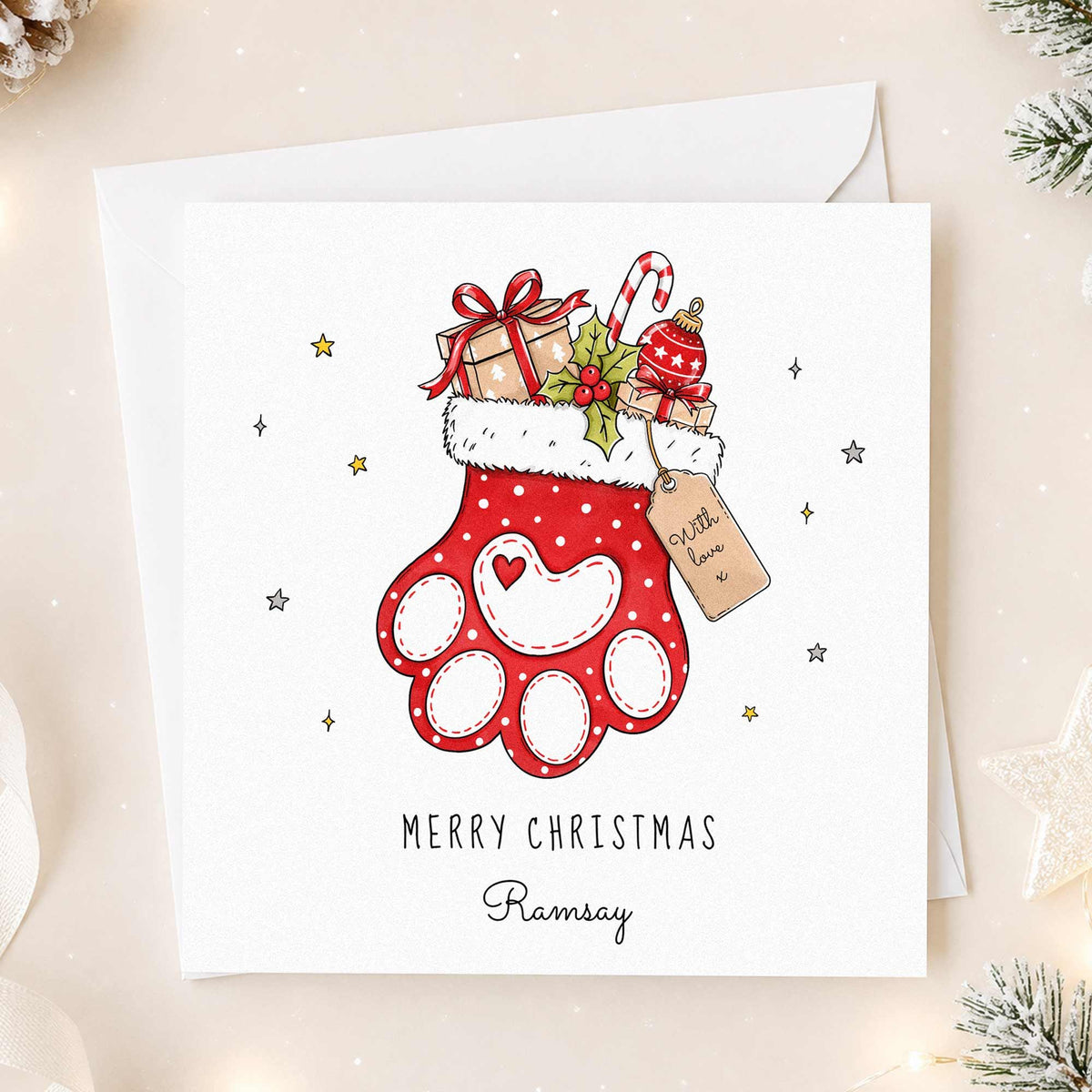 Personalised Pet Christmas Card for Dog or Cat, Paw Print Stocking Xmas Card