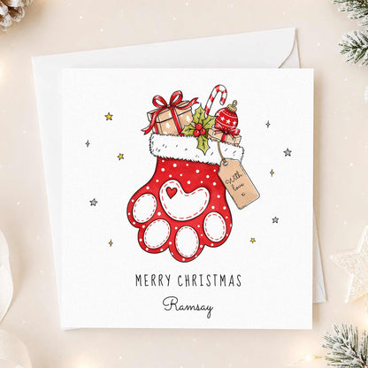 Personalised Pet Christmas Card for Dog or Cat, Paw Print Stocking Xmas Card