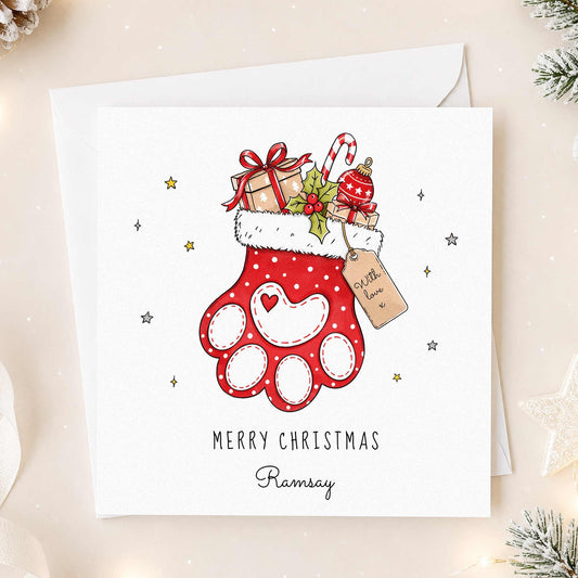 Personalised Pet Christmas Card for Dog or Cat, Paw Print Stocking Xmas Card