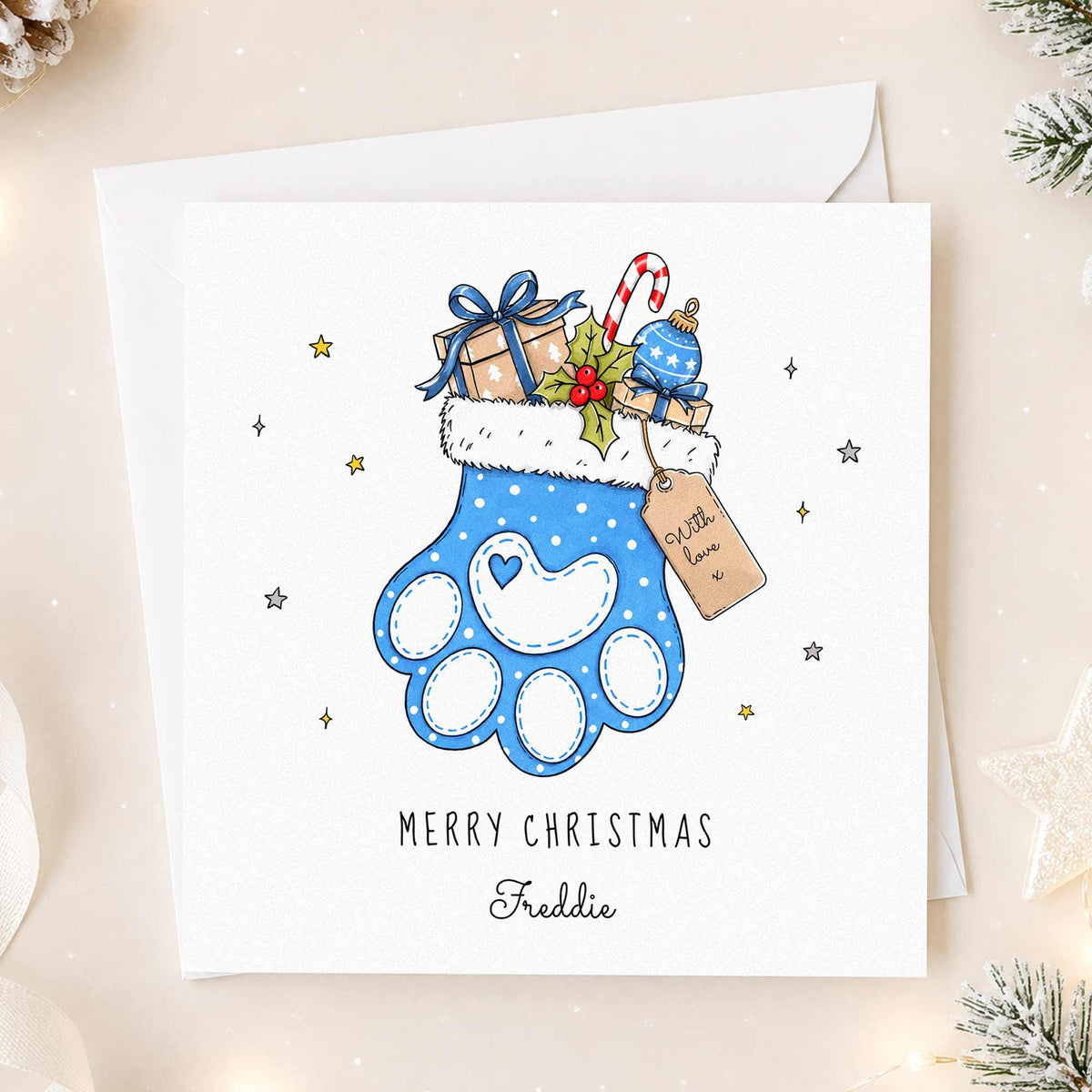 Personalised Pet Christmas Card for Dog or Cat, Paw Print Stocking Xmas Card