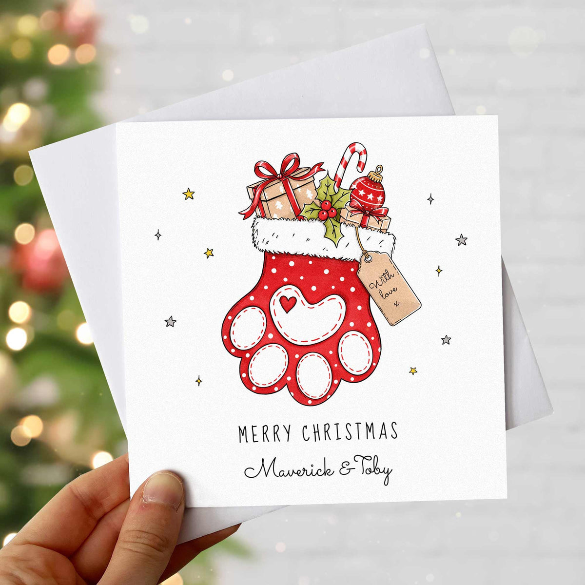 Personalised Pet Christmas Card for Dog or Cat, Paw Print Stocking Xmas Card